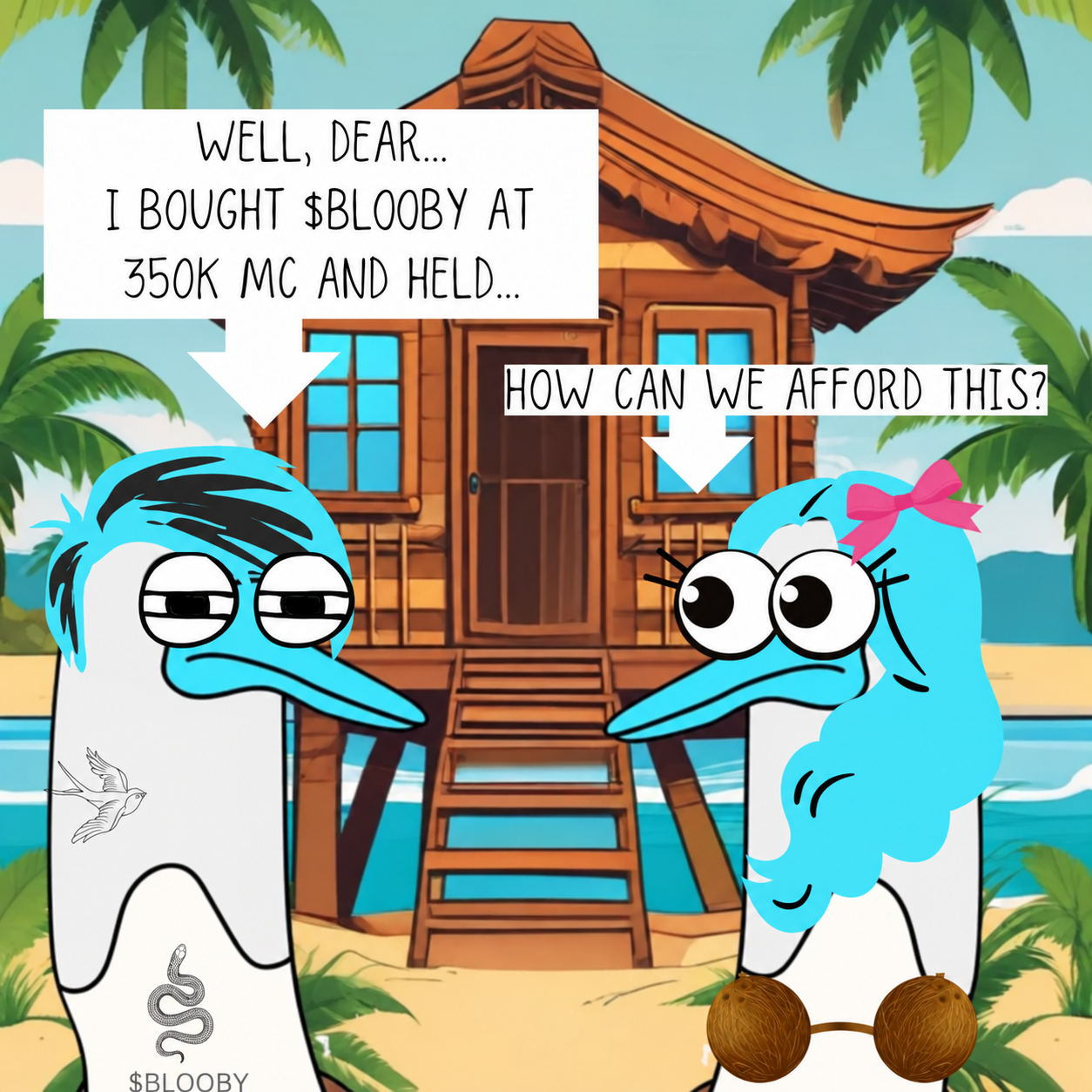 Two cyan-beaked cartoon birds outside a tropical beach bungalow